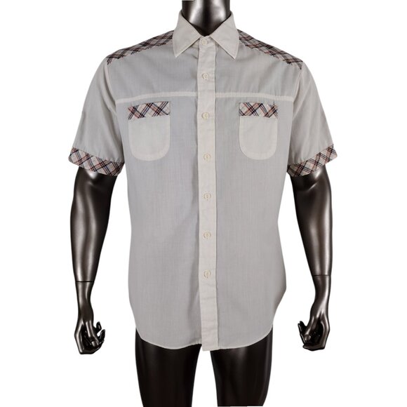 Vintage 1970s Men's White Plaid Trim Casual Button Down Shirt Size XL